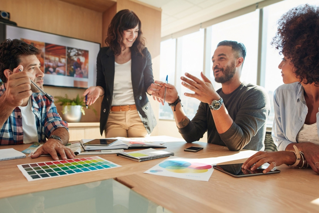 Group of employees in board room going over color schemes