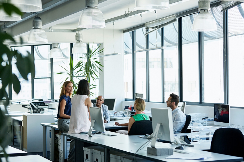 Employees in modern office with large windows