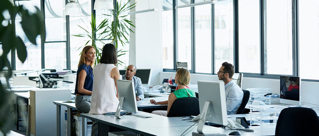 Employees in modern office with large windows