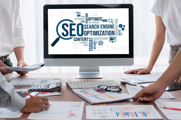 SEO digital graphic on computer screen.